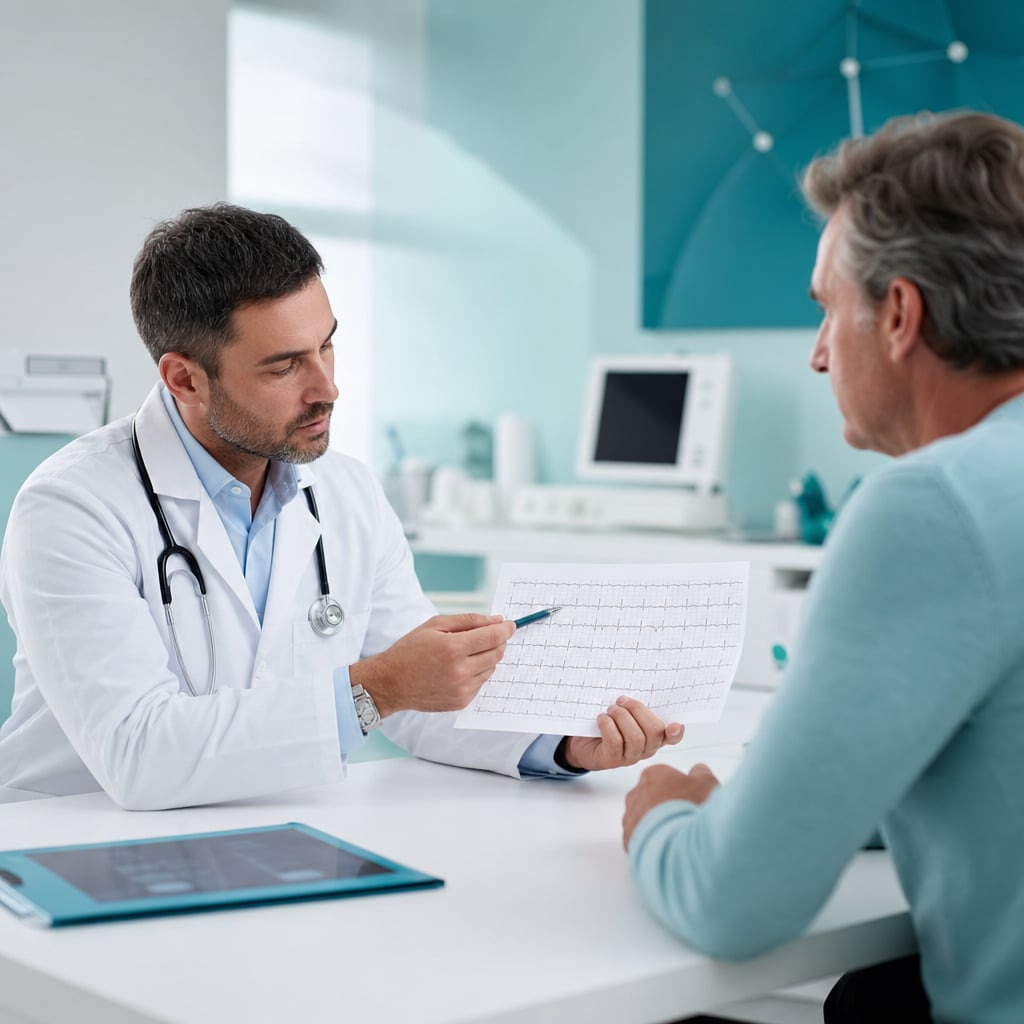 پزشک در حال بررسی نوار قلب بیمار