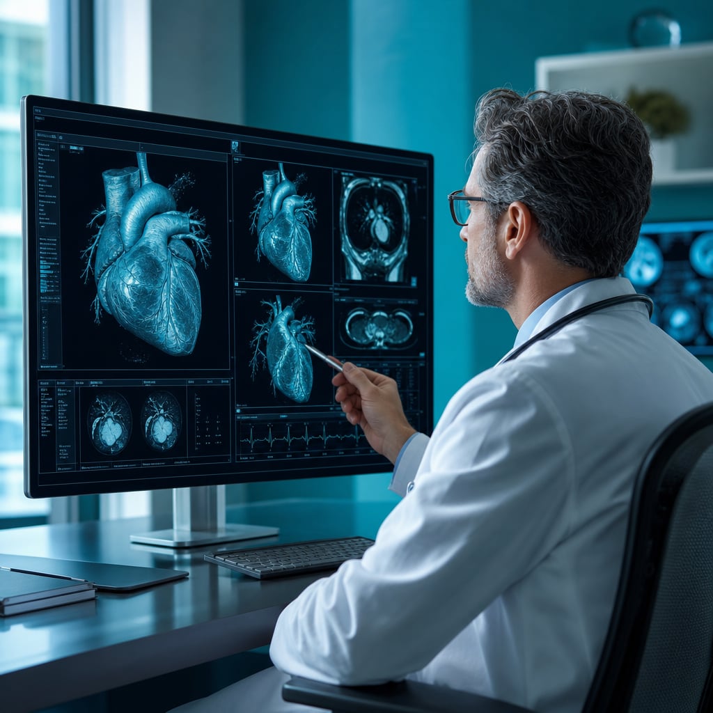 پزشک در حال بررسی نتیجه اسکن قلب روی مانیتور