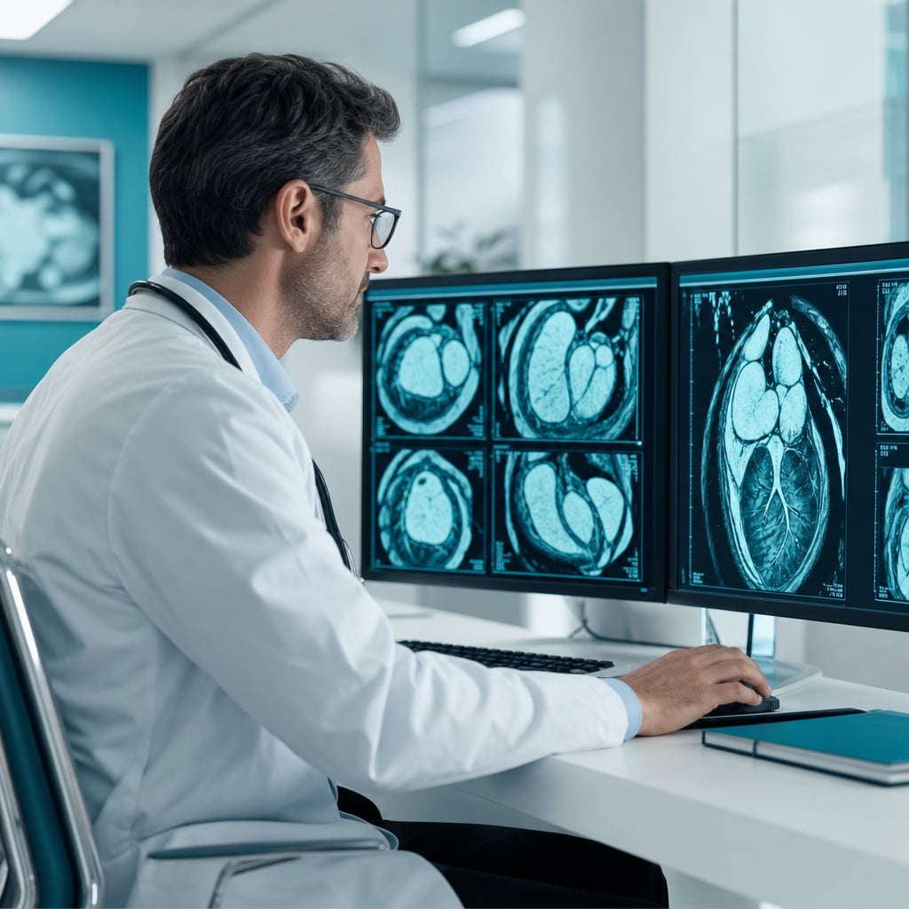 پزشک در حال بررسی نتایج اسکن قلب روی مانیتور