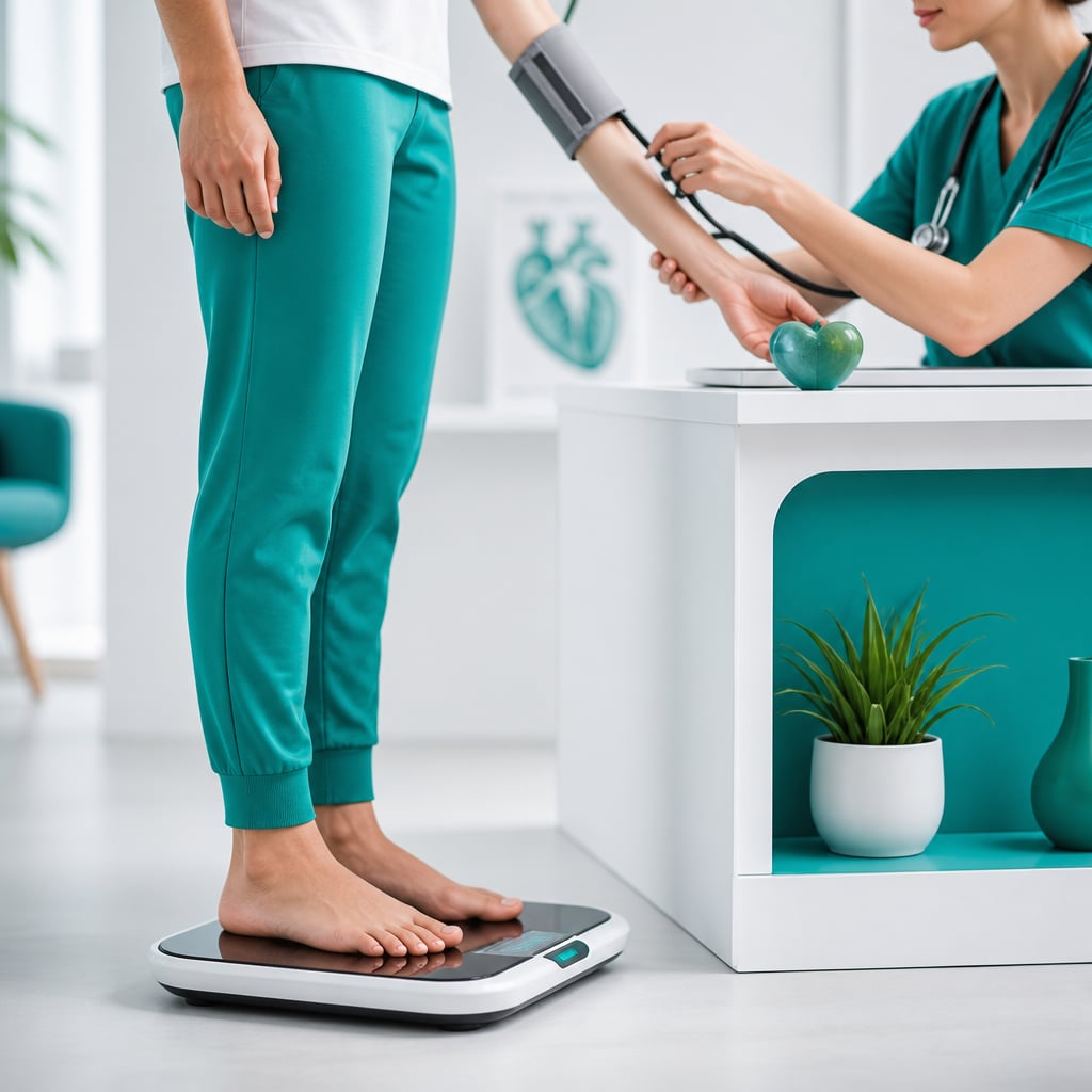 اندازه‌گیری وزن و فشار خون برای ارزیابی BMI و سلامت قلب